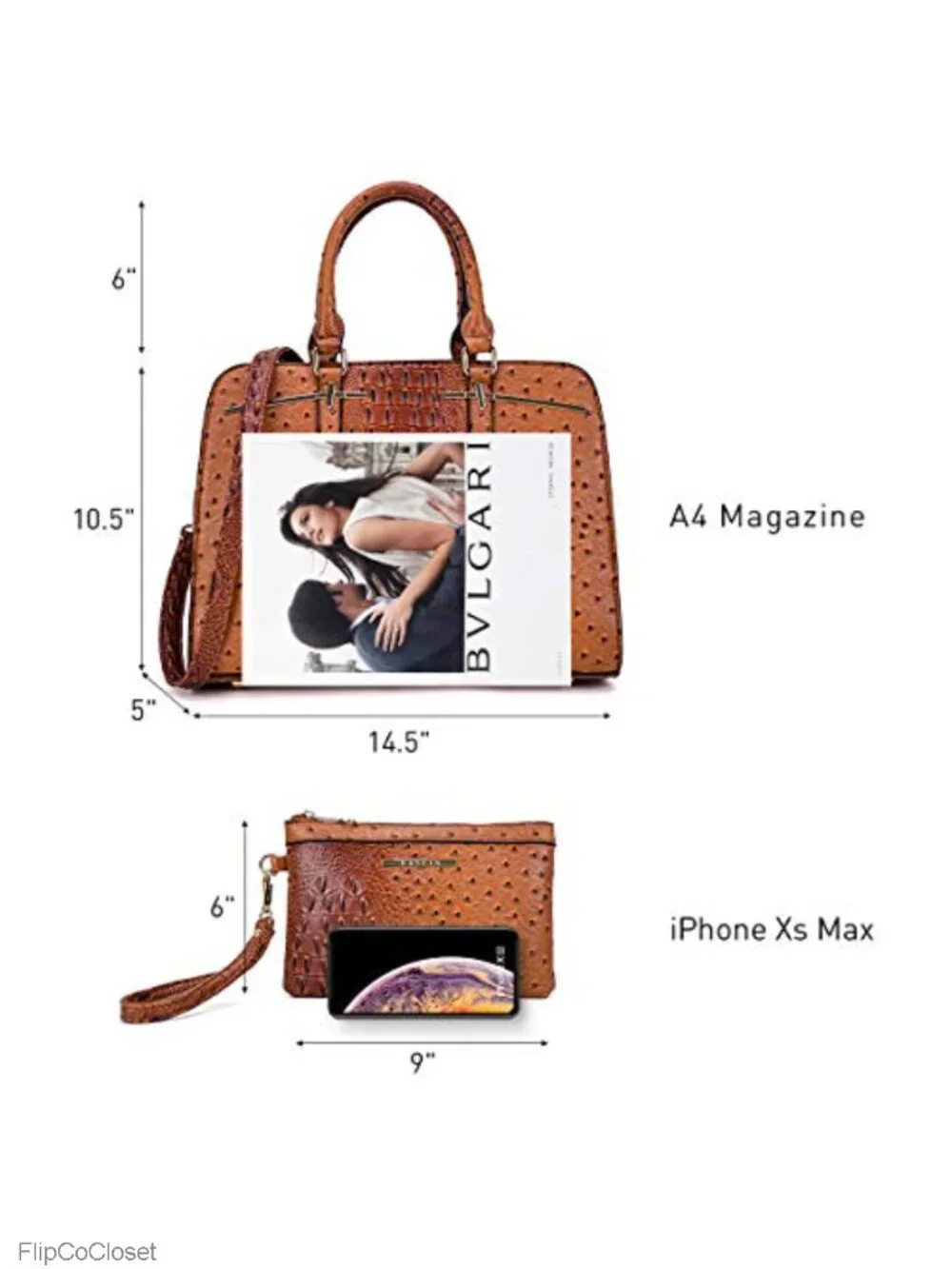 Faux Leather Satchel Handbag Set 2pcs with 3 Compartments